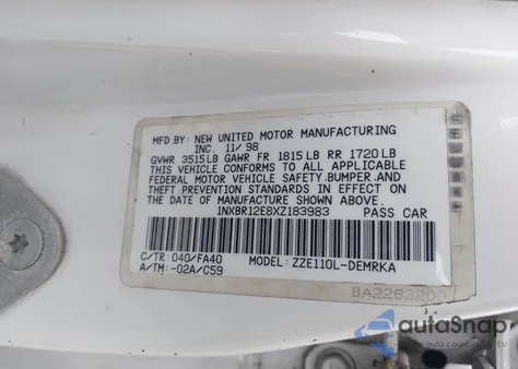 1999 Toyota Corolla Ve из США, поврежденный, VIN 1NXBR12E8XZ183983